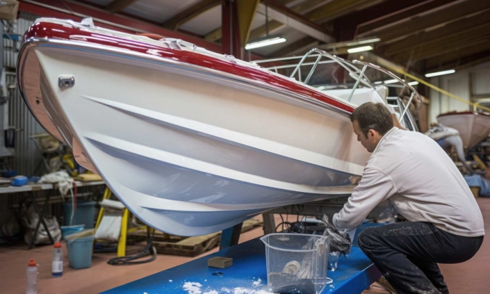 A man applying waterproof sealant to repair a small boat after buying a salvage boat from RideSafely.