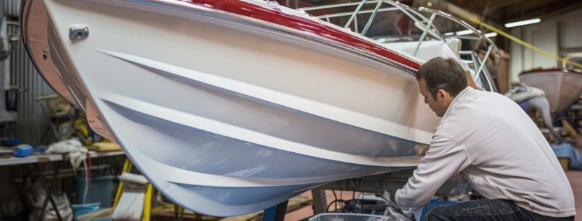 A man applying waterproof sealant to repair a small boat after buying a salvage boat from RideSafely.