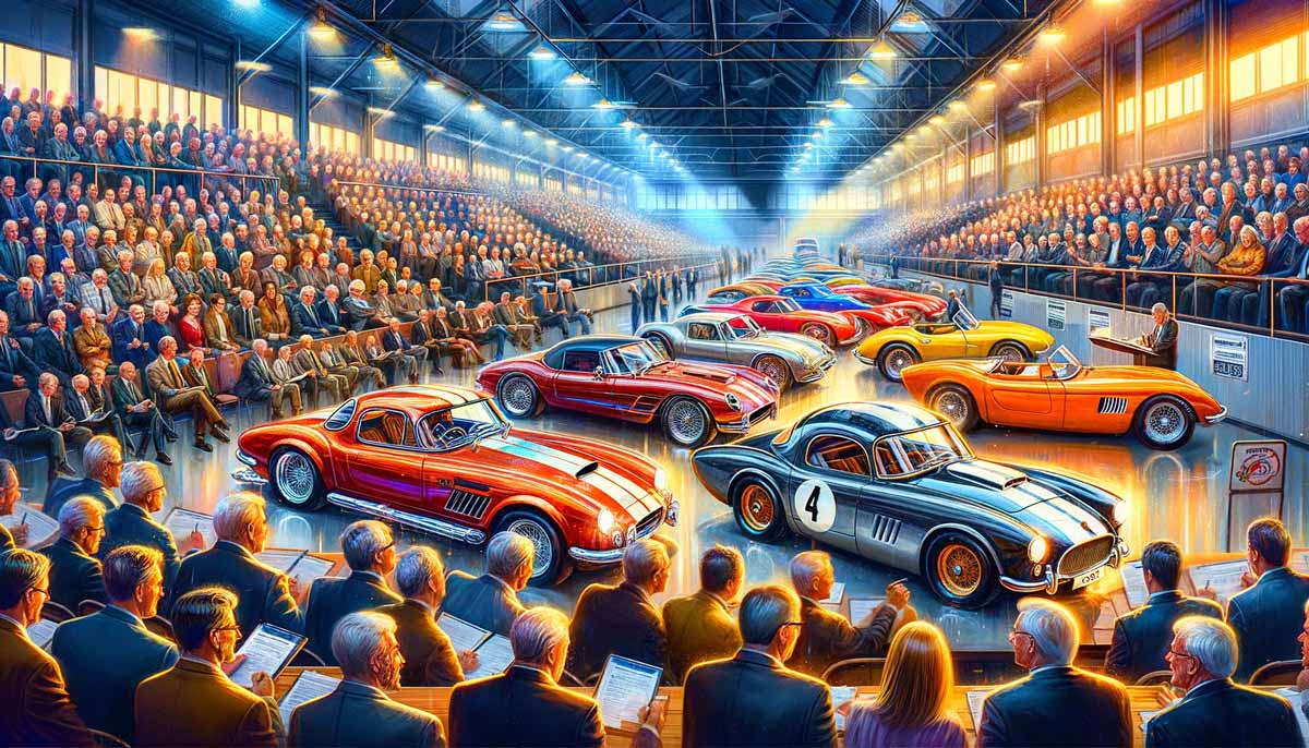 Dynamic Car Auction Scene with Diverse Bidders and Auctioneer Presenting Pre-Owned Vehicle