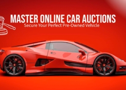 Strategic guide to buying pre-owned cars through online auctions, featuring a modern auction interface and symbols of research and planning.