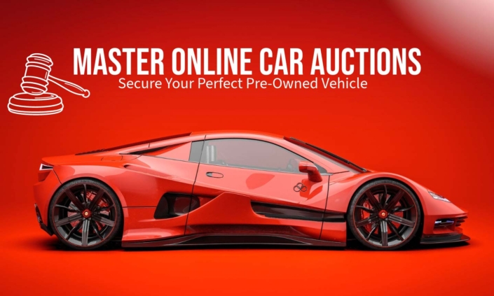 Strategic guide to buying pre-owned cars through online auctions, featuring a modern auction interface and symbols of research and planning.