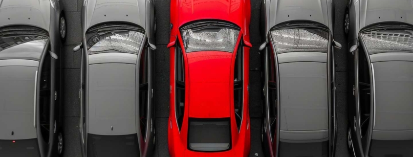 A used red car stands out among grey new and salvage cars.