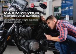 Banner featuring the title 'Maximize Your Motorcycle Savings!' with a description about buying bikes at salvage auctions