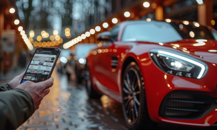Man using an online car bidding app beside a red Mercedes-Benz at a dealer auction.