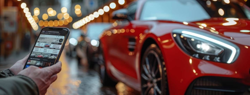 Man using an online car bidding app beside a red Mercedes-Benz at a dealer auction.