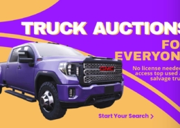 Banner reading Truck Auctions for Everyone – No license needed to access top used and salvage trucks