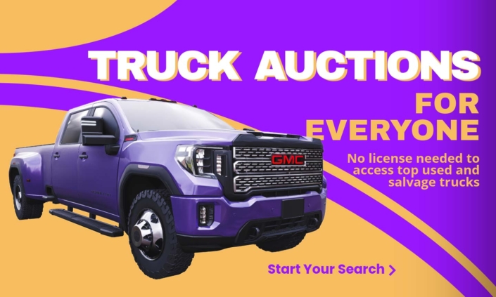 Banner reading Truck Auctions for Everyone – No license needed to access top used and salvage trucks