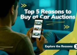 Top 5 Reasons to Buy at Car Auctions banner showing a modern vehicle backdrop with a clean, professional design, highlighting the benefits of smarter and more affordable car shopping.