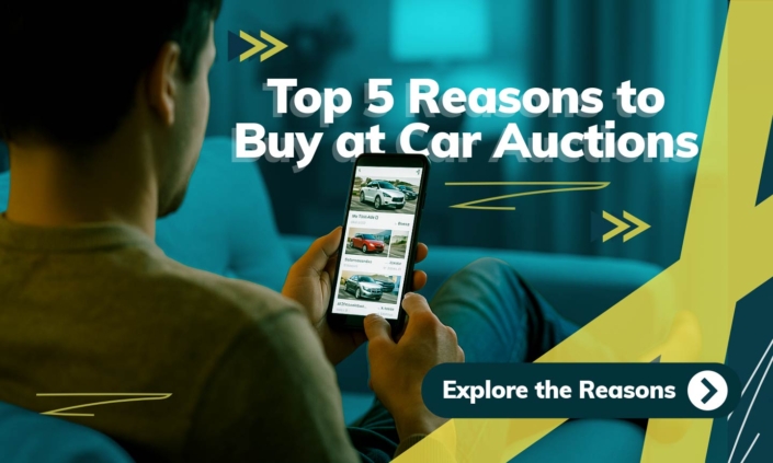Top 5 Reasons to Buy at Car Auctions banner showing a modern vehicle backdrop with a clean, professional design, highlighting the benefits of smarter and more affordable car shopping.