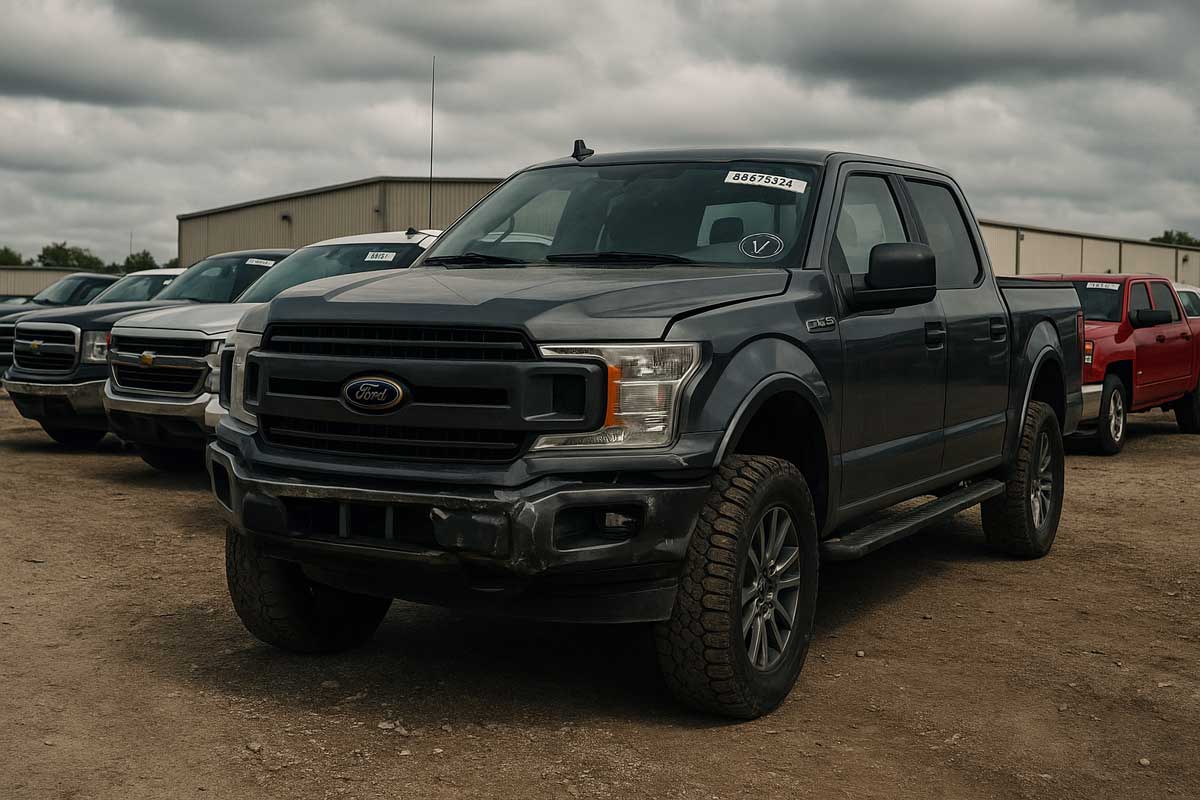 Row of used and salvage pickup trucks at an outdoor auto auction lot, with a damaged Ford F-150 in the foreground and warehouse in the background