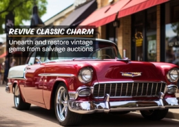 Banner showing a vibrant salvage auction scene with classic cars and enthusiasts exploring restoration opportunities