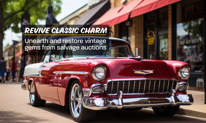 Banner showing a vibrant salvage auction scene with classic cars and enthusiasts exploring restoration opportunities