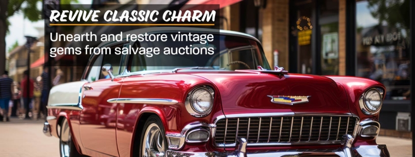 Banner showing a vibrant salvage auction scene with classic cars and enthusiasts exploring restoration opportunities