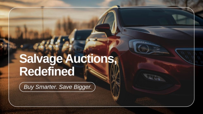 Banner showing the message "Salvage Auctions, Redefined" with a tagline "Buy Smarter. Save Bigger," highlighting a new, smarter way to buy salvage vehicles.