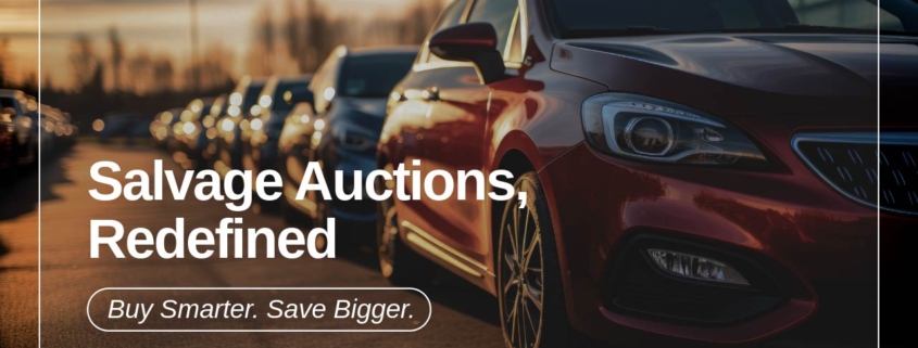 Banner showing the message "Salvage Auctions, Redefined" with a tagline "Buy Smarter. Save Bigger," highlighting a new, smarter way to buy salvage vehicles.