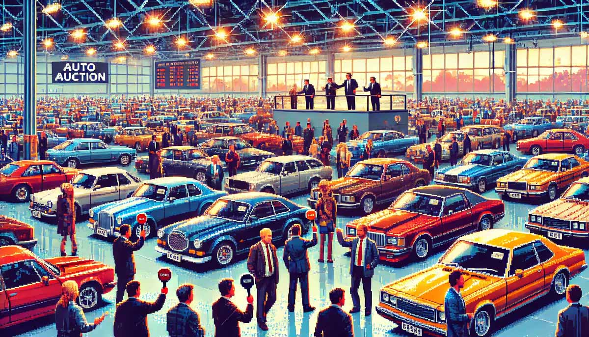 Dynamic Car Auction Scene with Diverse Bidders and Auctioneer Presenting Pre-Owned Vehicle