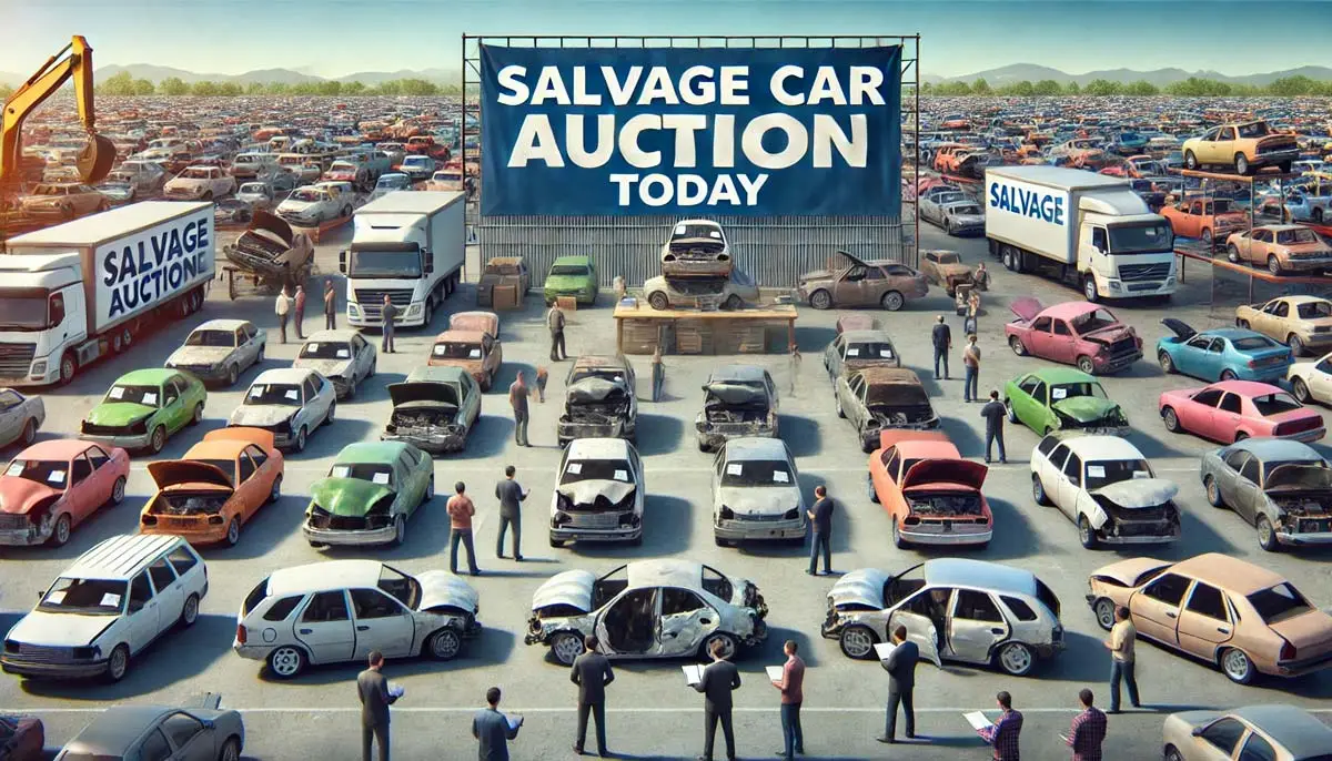 Salvage car auction scene with buyers inspecting various damaged vehicles under a "Salvage Car Auction Today" banner