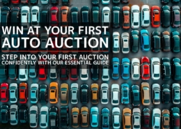 Aerial view of a car-filled lot with a sign saying 'Win at Your First Auto Auction'