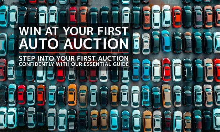 Aerial view of a car-filled lot with a sign saying 'Win at Your First Auto Auction'