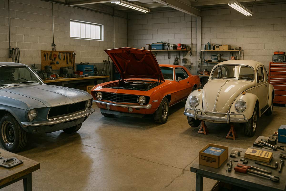 Classic Car Restoration Garage Scene With Mustang, Camaro, and Beetle
