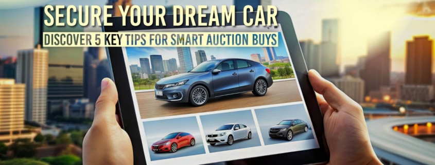 Web banner featuring the phrase "Secure Your Dream Car!" with a description "Discover 5 key tips for smart auction buys"