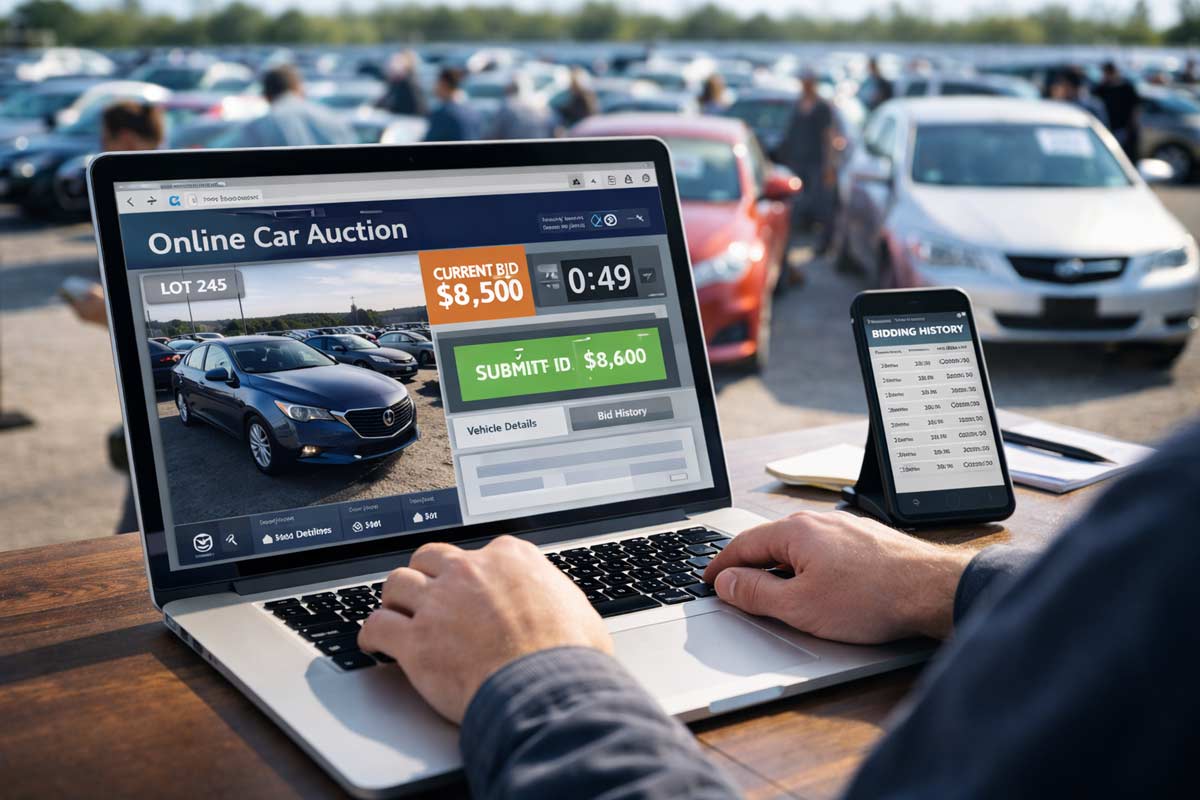 Online car auction bidding on a laptop showing vehicle listings, prices, and live auction activity