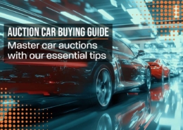 Banner displaying Auction Car Buying Guide, with tips on inspecting vehicles, understanding titles, and budgeting wisely for the best deals at car auctions