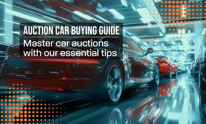 Banner displaying Auction Car Buying Guide, with tips on inspecting vehicles, understanding titles, and budgeting wisely for the best deals at car auctions