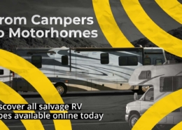 Banner reading "From Campers to Motorhomes" with subtext "Discover all salvage RV types available online today," featuring images of motorhomes, travel trailers, and campers in a salvage auction lot.