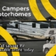 Banner reading "From Campers to Motorhomes" with subtext "Discover all salvage RV types available online today," featuring images of motorhomes, travel trailers, and campers in a salvage auction lot.