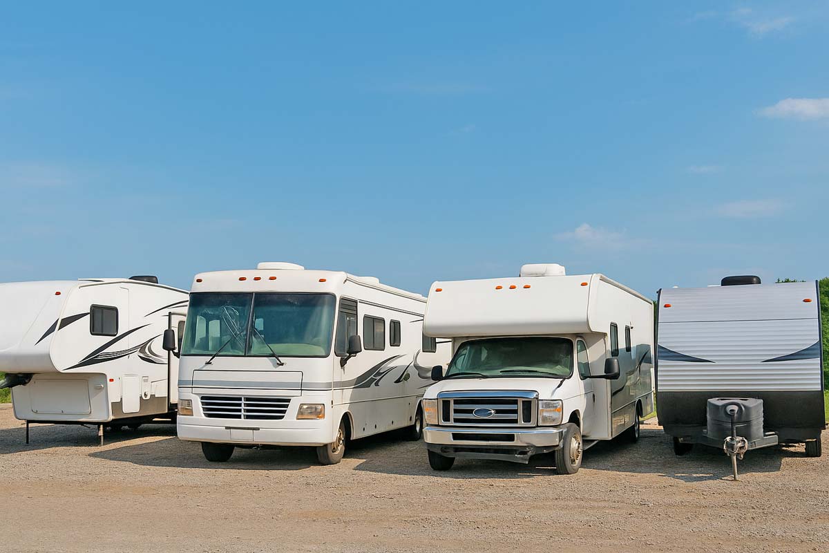 Lineup of salvage recreational vehicles, including motorhomes and trailers, parked on a gravel lot under a clear blue sky.