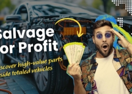 Banner titled "Salvage for Profit" with imagery of auto parts and damaged vehicles, promoting high-value parts inside totaled vehicles.