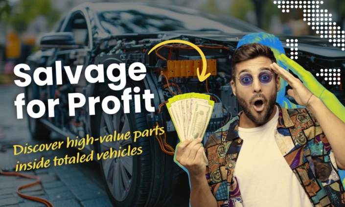 Banner titled "Salvage for Profit" with imagery of auto parts and damaged vehicles, promoting high-value parts inside totaled vehicles.