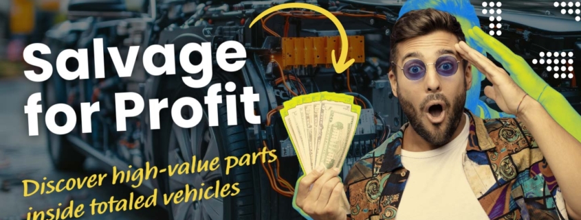 Banner titled "Salvage for Profit" with imagery of auto parts and damaged vehicles, promoting high-value parts inside totaled vehicles.