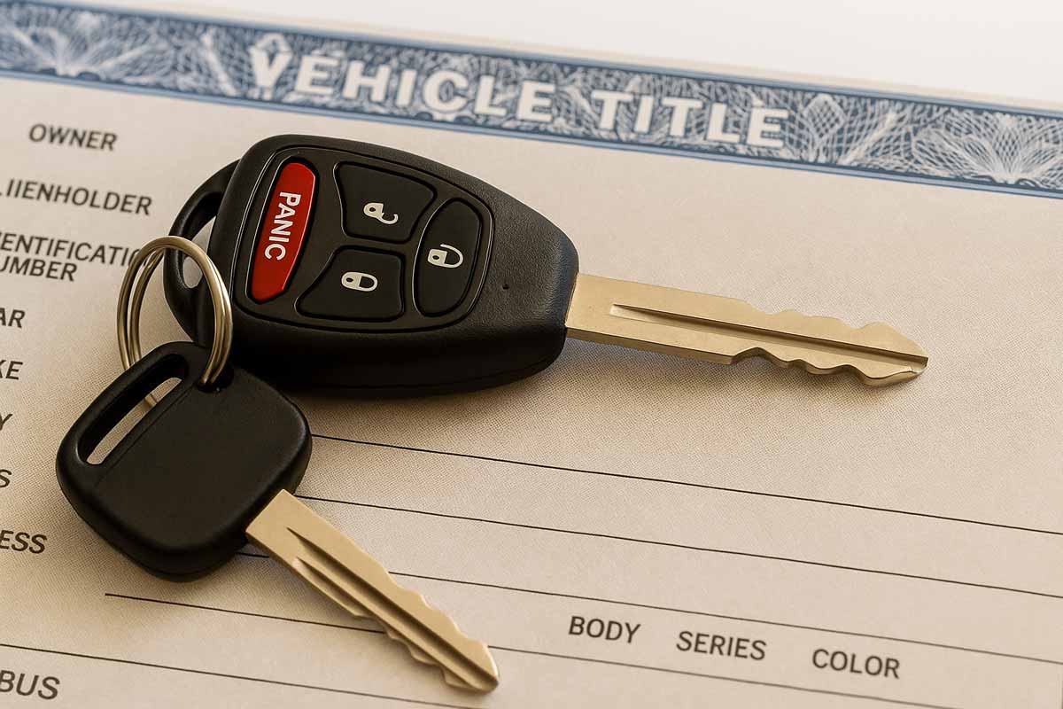 Car keys resting on a U.S. vehicle title certificate, symbolizing car ownership and title documentation.