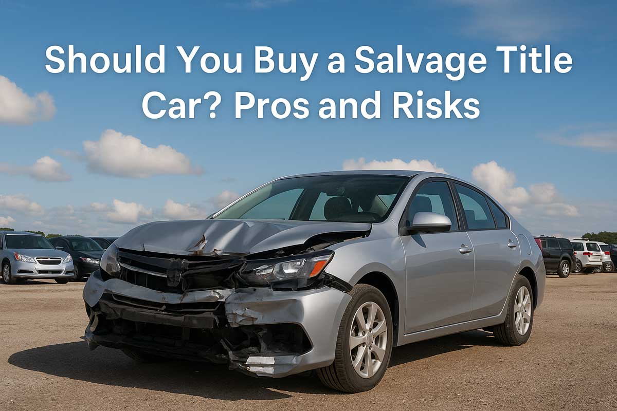 Front view of a damaged silver sedan with a crumpled hood, parked at a salvage car auction lot under a blue sky.