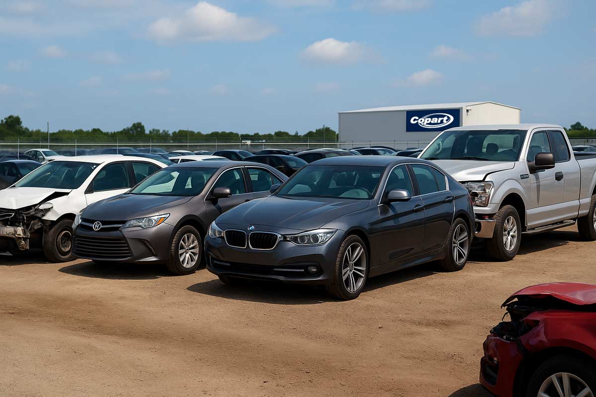 Wide-angle view of salvage title vehicles lined up at an auction lot, including sedans, SUVs, and trucks in varying conditions under a clear sky.