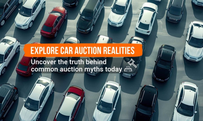 Website banner highlighting 'Explore Car Auction Realities' focused on debunking common car auction myths, with a 'Learn More' button