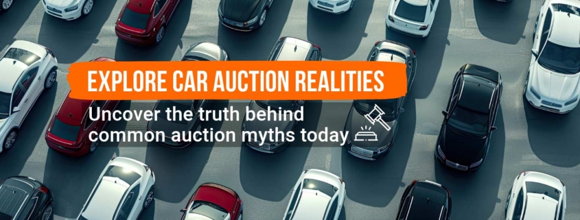 Website banner highlighting 'Explore Car Auction Realities' focused on debunking common car auction myths, with a 'Learn More' button