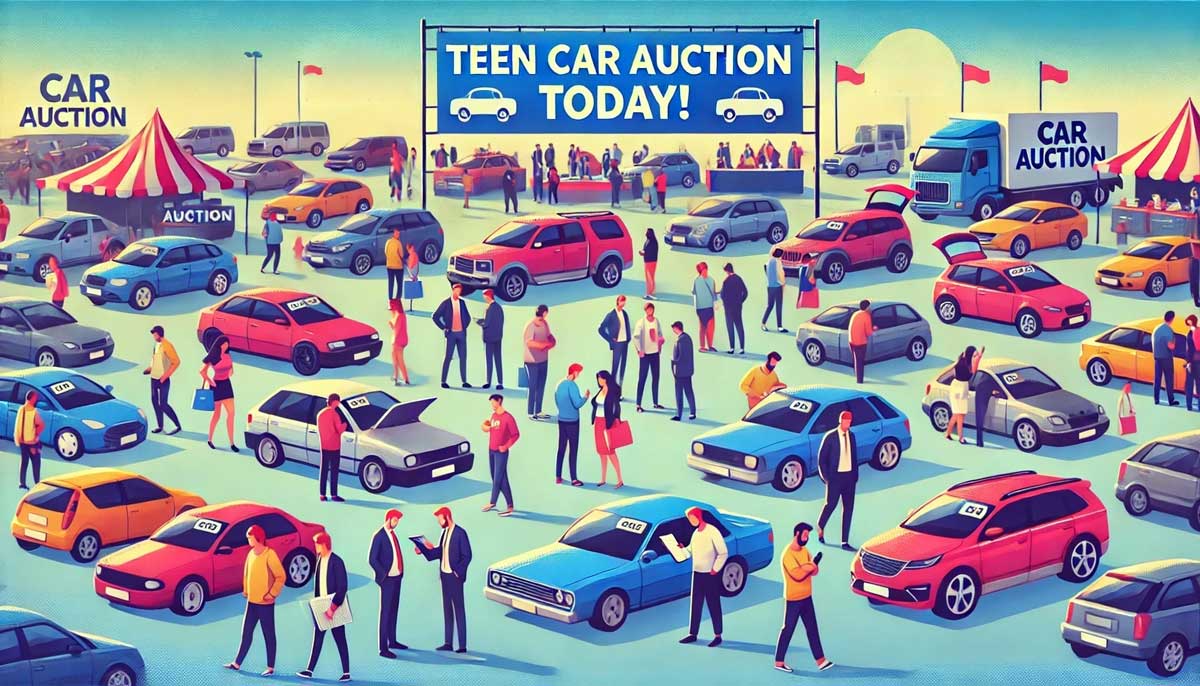 Dynamic Car Auction Scene with Diverse Bidders and Auctioneer Presenting Pre-Owned Vehicle