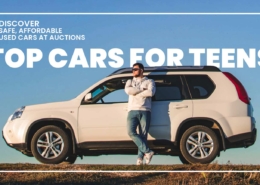 Banner displaying "Top Cars for Teens" with a call to action to discover safe, affordable used cars at auctions