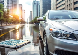 Sleek silver car parked on wet asphalt with a vehicle history report on the hood, cityscape in the background