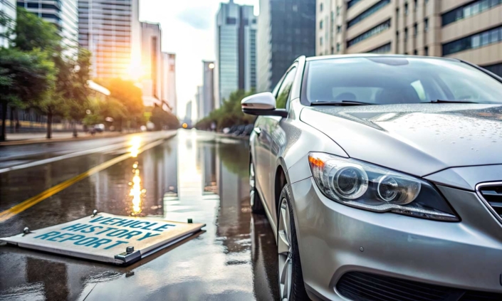 Sleek silver car parked on wet asphalt with a vehicle history report on the hood, cityscape in the background