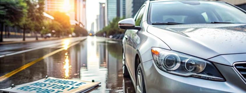 Sleek silver car parked on wet asphalt with a vehicle history report on the hood, cityscape in the background