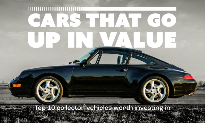 Banner showing "Cars That Go Up in Value" with a subtitle "Top 10 collector vehicles worth investing in"