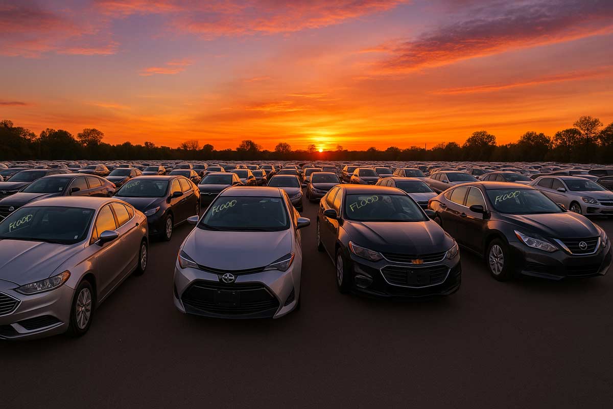 High-resolution panoramic sunset image of a flooded car auction lot with rows of vehicles displaying auction tags.