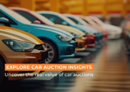 Web banner featuring the title "Explore Car Auction Insights" with the description "Uncover the real value of car auctions," set against a dynamic backdrop of an auction scene, inviting users to learn more