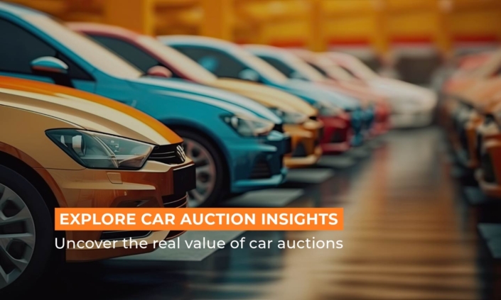 Web banner featuring the title "Explore Car Auction Insights" with the description "Uncover the real value of car auctions," set against a dynamic backdrop of an auction scene, inviting users to learn more