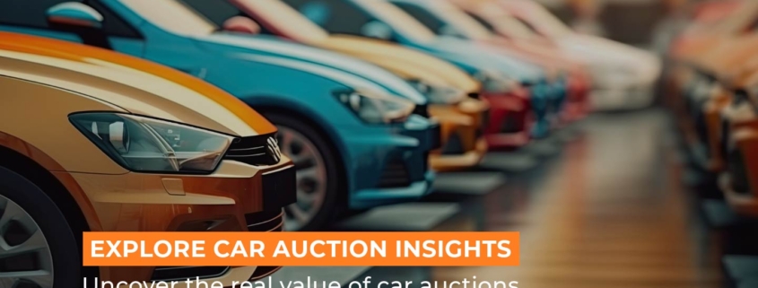 Web banner featuring the title "Explore Car Auction Insights" with the description "Uncover the real value of car auctions," set against a dynamic backdrop of an auction scene, inviting users to learn more