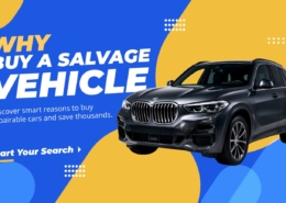 Why Buy a Salvage Vehicle – Discover Smart Reasons to Buy Repairable Cars | RideSafely Banner reading “Why Buy a Salvage Vehicle?” with a tagline “Discover smart reasons to buy repairable cars and save thousands,” featuring a clean studio image of a luxury SUV with subtle bumper damage on a white background.